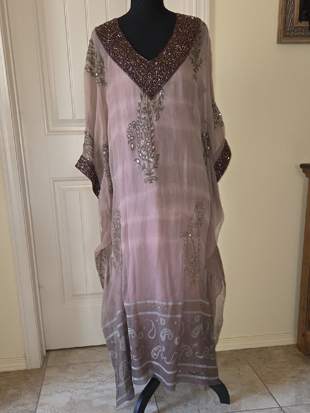 Soft Surroundings Beaded and Sequined Maxi Kaftan Dress, Size PS/PM